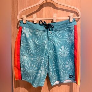 Billabong Teal Print Board Shorts Surf Swim Trunks Colorful Pattered